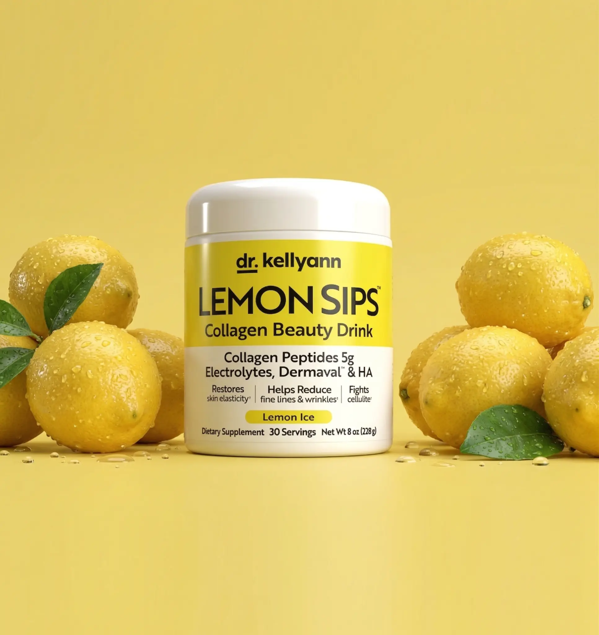 Dr. Kellyann Lemon Sips — Lemon Ice flavor jar with fresh lemons
